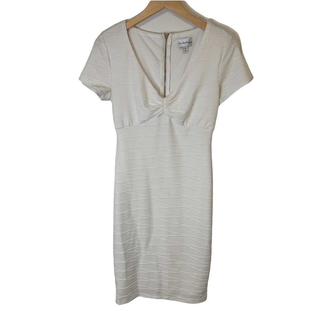 PremierAmour White Midi Dress V- Neck Pencil Skirt Fully Lined Size 4